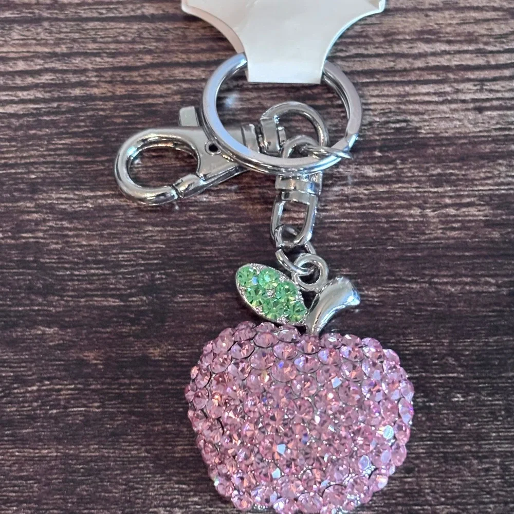 Pink Rhinestone Apple Keychain Silver Tone Bag Charm Crystal Fruit Accessory